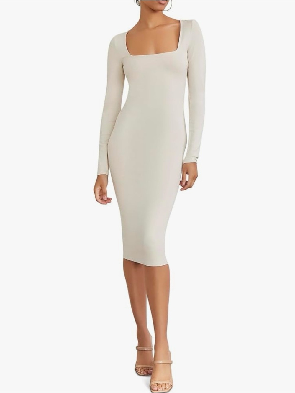 Cream Forever 21 Long-Sleeve Bodycon Midi Dress